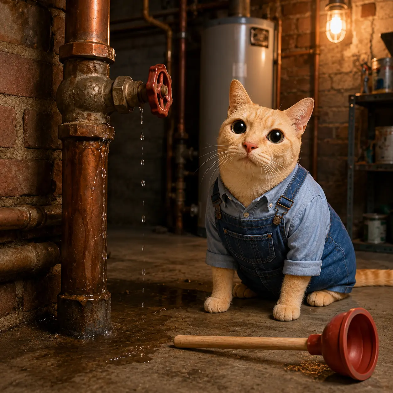PlumberCat inspecting a leaking basement pipe