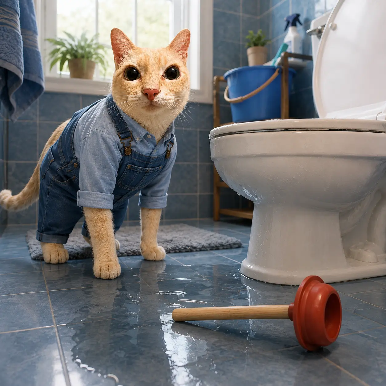 PlumberCat responding to a bathroom overflow