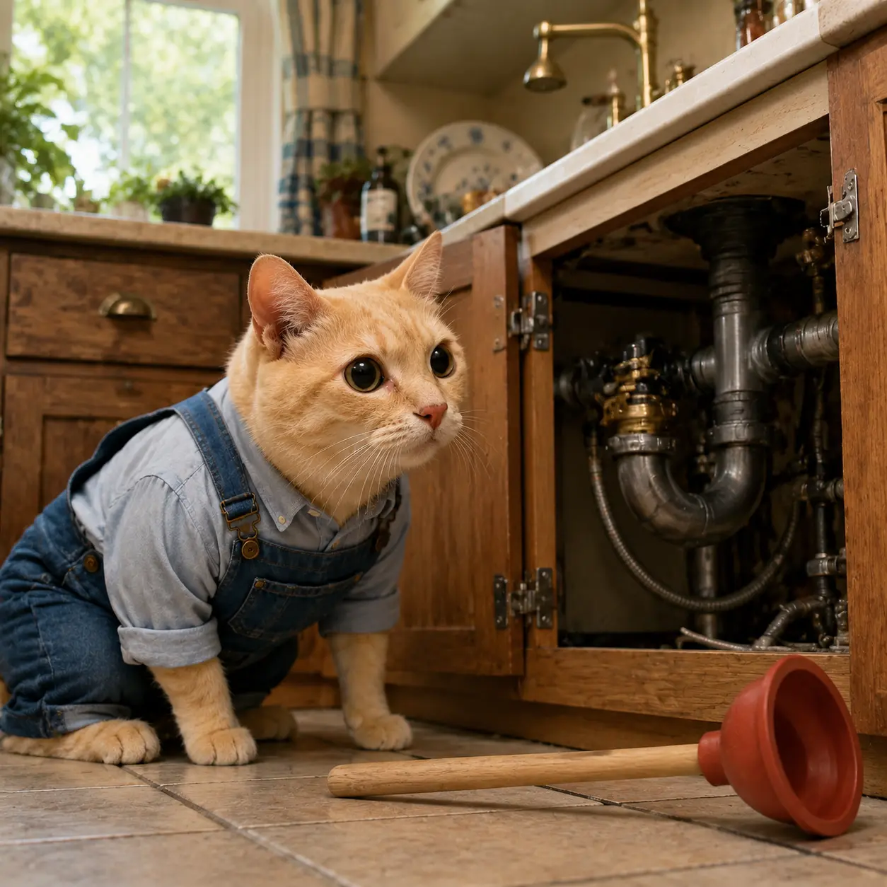 PlumberCat checking pipes under a kitchen sink