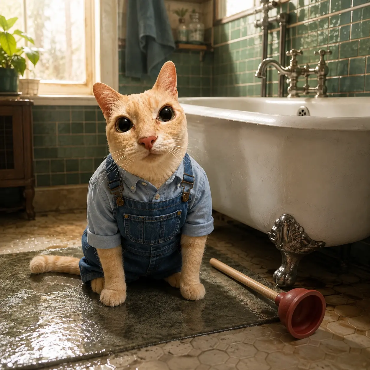 PlumberCat by a vintage bathtub